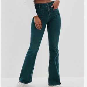 American Eagle Super Hi Rise Flare Corduroy Pants 28 Green Stretch